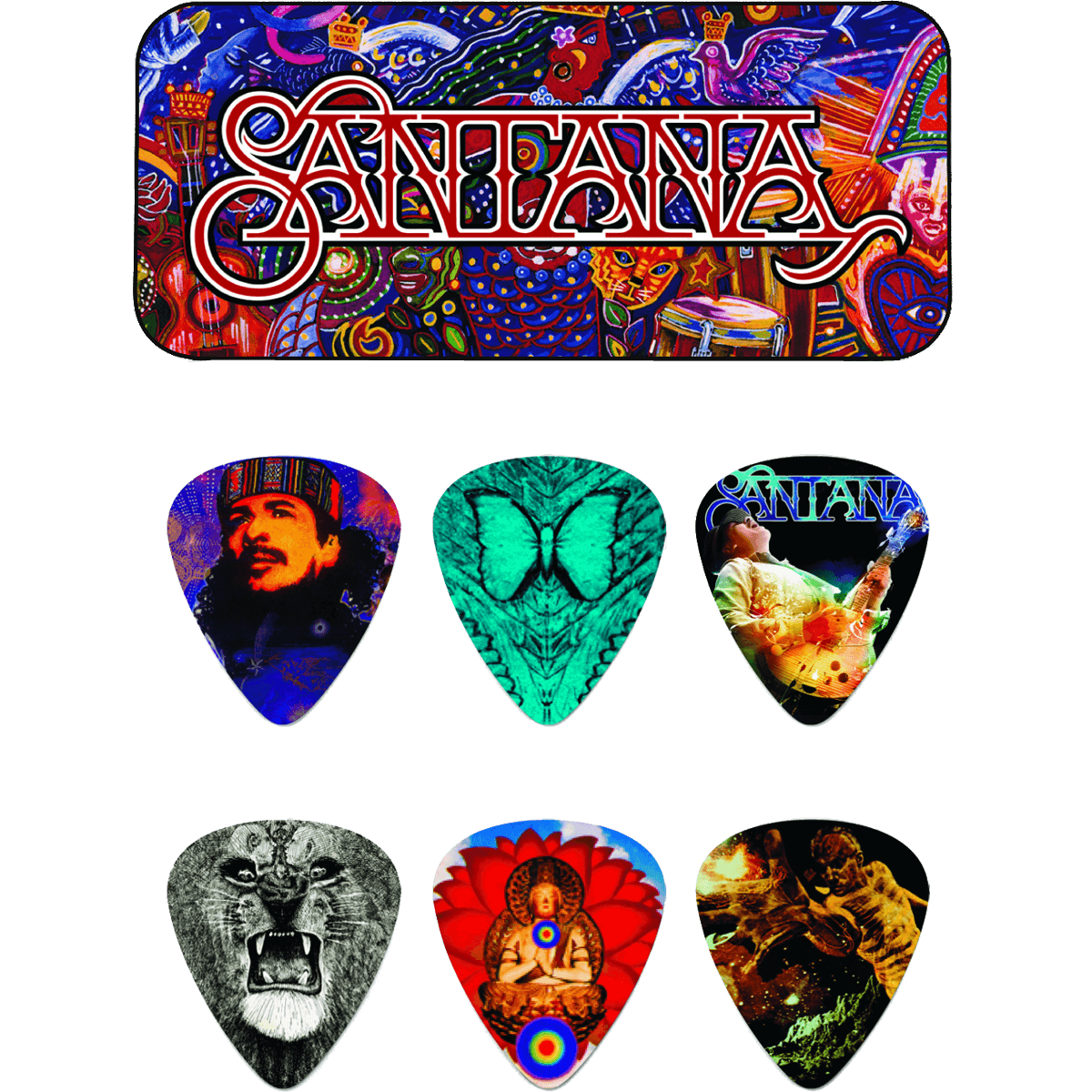 Santana Guitar Pick Tin by Dunlop | 6 medium Plectrums in Collectors Tin | ADU SANPT01M