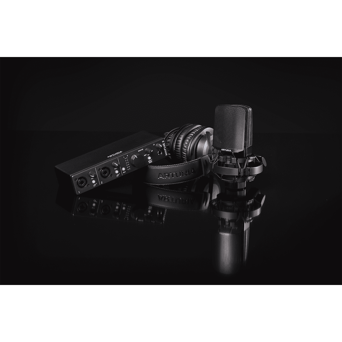 Arturia MiniFuse Recording Pack Podcast Bundle | Includes Audio Interface MiniFuse2, Condenser Microphone CM1, Studio Headphones EF1, XLR Cable | Black