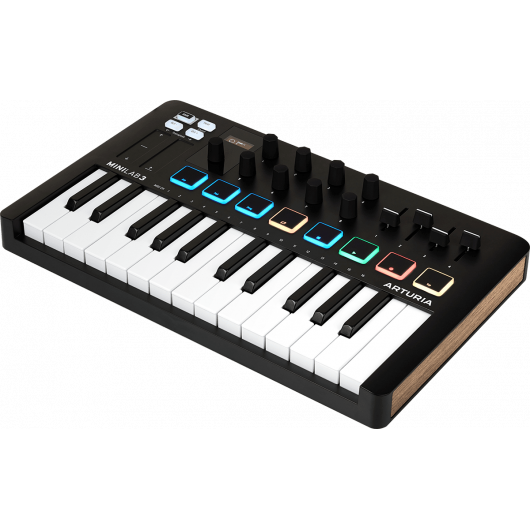 Arturia MiniLab 3 Black | 25-note USB-C MIDI Keyboard Controller with 8 Encoders | 8 Velocity/Pressure Sensitive RGB-backlit Pads | 4 Sliders | Software Included