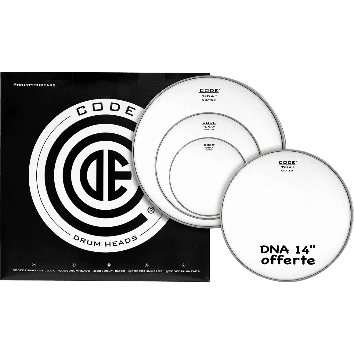 CODE DRUMHEADS DNA Rock Pack Coated Drum Heads 10", 12", 16" Coated Tom Heads + 14" Coated Snare Head