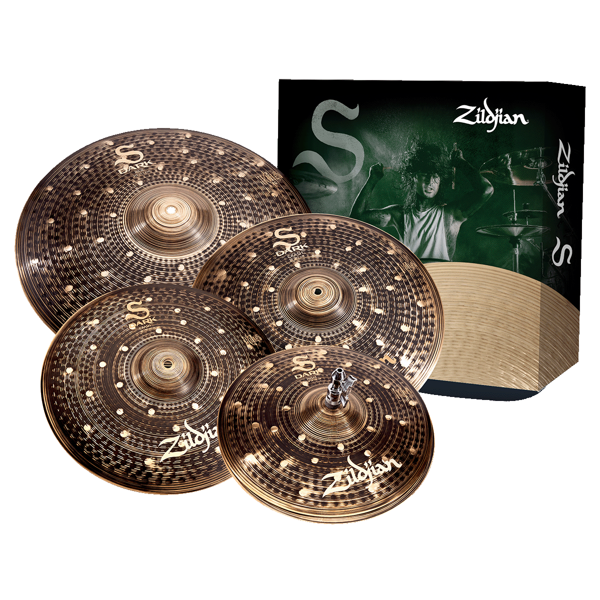 Zildjian S-Series SD4680 Cymbal Pack | 14” Dark Hi-Hat, 16” Dark Crash, 18” Dark Crash, 20” Dark Ride