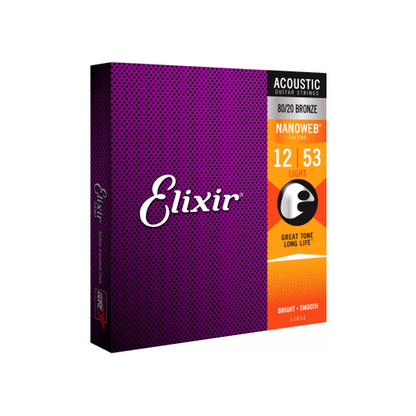 Nanoweb 80/20 Bronze 12 -53 Acoustic Guitar Strings | Light | By Elixir