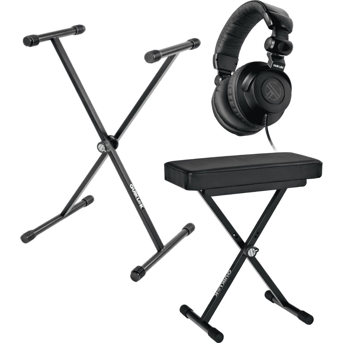 Key Bundle Black by QuikLok | Keyboard Stand | Keyboard Bench | Monitoring Headphones