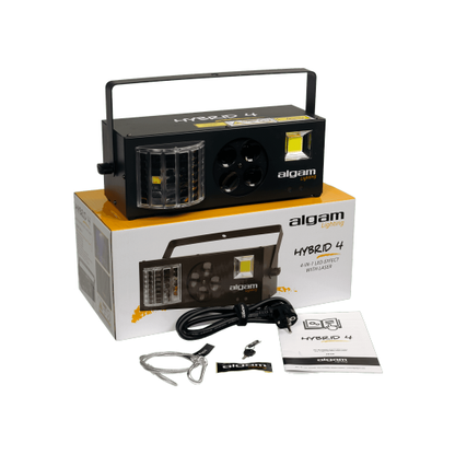 Hybrid 4 by Algam Lighting | 4 in 1 Light Show | Strobe, RGBW Derby, RGBW Gobo and Red and Green Lasers | Sound Response Mode | DMX and Automatic Mode Options