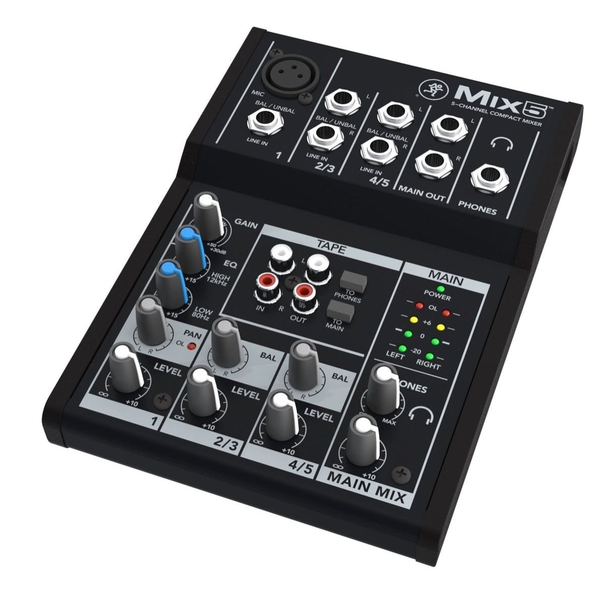 Mackie Mix5 5-channel Compact Mixer | 5-input Desktop Mixer | 1 Microphone Preamplifier | 2 Stereo Channels | Tape I/O | Separate Volume and Headphone Levels