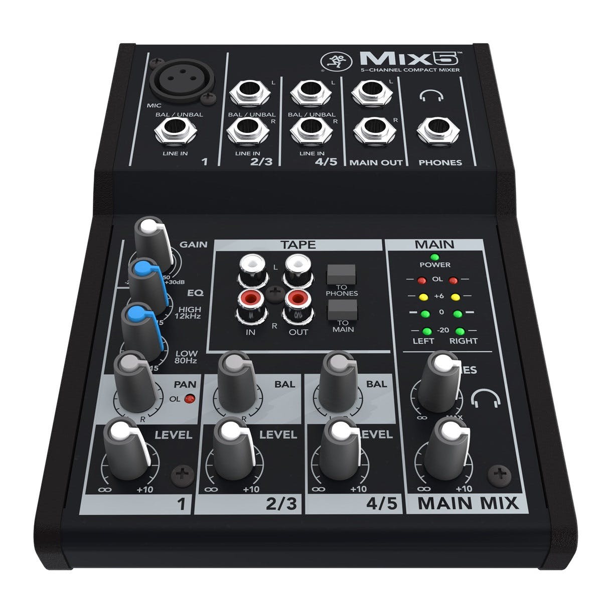 Mackie Mix5 5-channel Compact Mixer | 5-input Desktop Mixer | 1 Microphone Preamplifier | 2 Stereo Channels | Tape I/O | Separate Volume and Headphone Levels