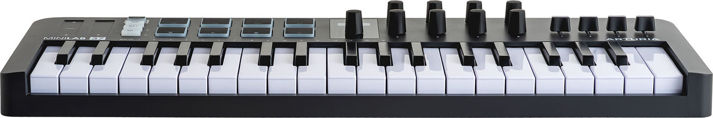 Arturia MiniLab 3 Black | 37-Key USB-C MIDI Keyboard Controller with 8 Encoders | 8 Velocity/Pressure Sensitive RGB-backlit Pads | 4 Sliders | Software Included