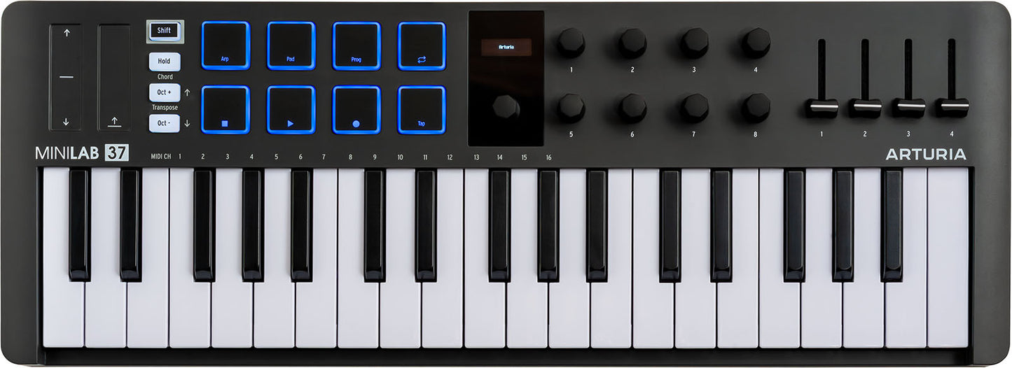 Arturia MiniLab 3 Black | 37-Key USB-C MIDI Keyboard Controller with 8 Encoders | 8 Velocity/Pressure Sensitive RGB-backlit Pads | 4 Sliders | Software Included