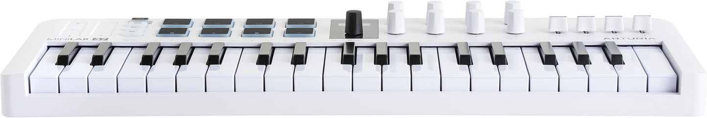 Arturia MiniLab 3 | 37-Key USB-C MIDI Keyboard Controller with 8 Encoders | 8 Velocity/Pressure Sensitive RGB-backlit Pads | 4 Sliders | Software Included