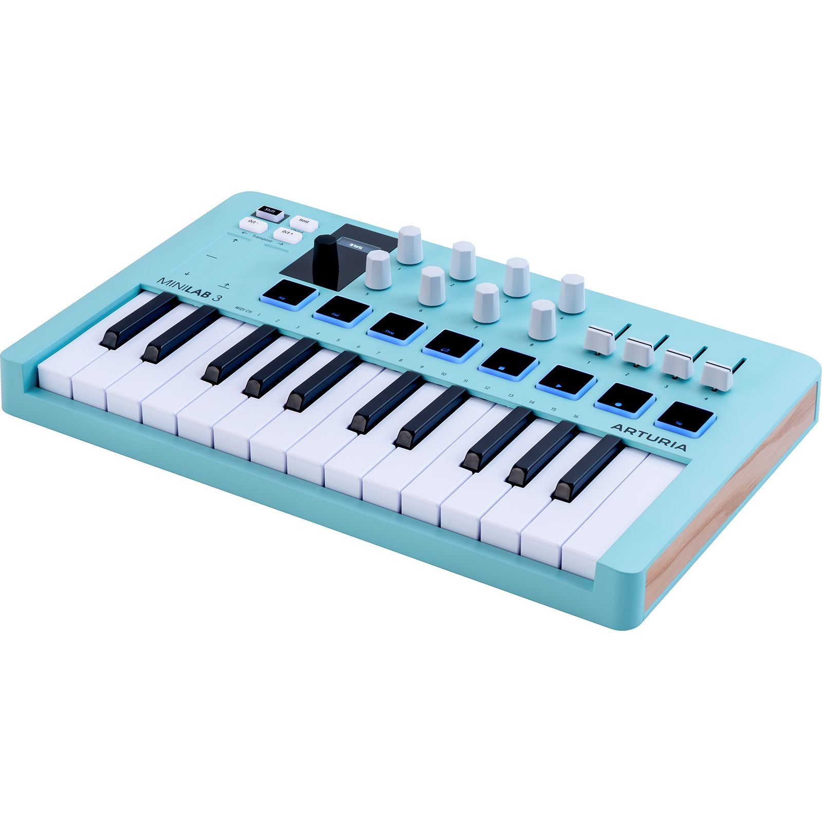 Arturia MiniLab 3 Aquamarine | 25-note USB-C MIDI Keyboard Controller with 8 Encoders | 8 Velocity/Pressure Sensitive RGB-backlit Pads | 4 Sliders | Software Included