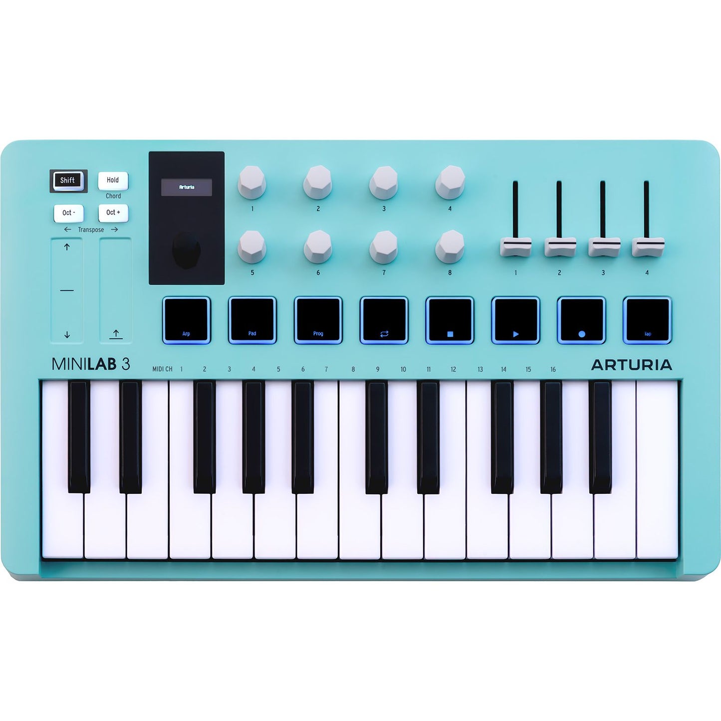 Arturia MiniLab 3 Aquamarine | 25-note USB-C MIDI Keyboard Controller with 8 Encoders | 8 Velocity/Pressure Sensitive RGB-backlit Pads | 4 Sliders | Software Included