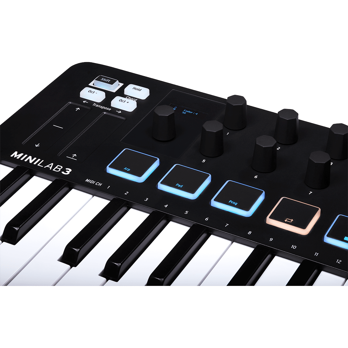 Arturia MiniLab 3 Black | 25-note USB-C MIDI Keyboard Controller with 8 Encoders | 8 Velocity/Pressure Sensitive RGB-backlit Pads | 4 Sliders | Software Included