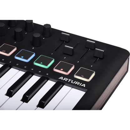 Arturia MiniLab 3 Black | 25-note USB-C MIDI Keyboard Controller with 8 Encoders | 8 Velocity/Pressure Sensitive RGB-backlit Pads | 4 Sliders | Software Included