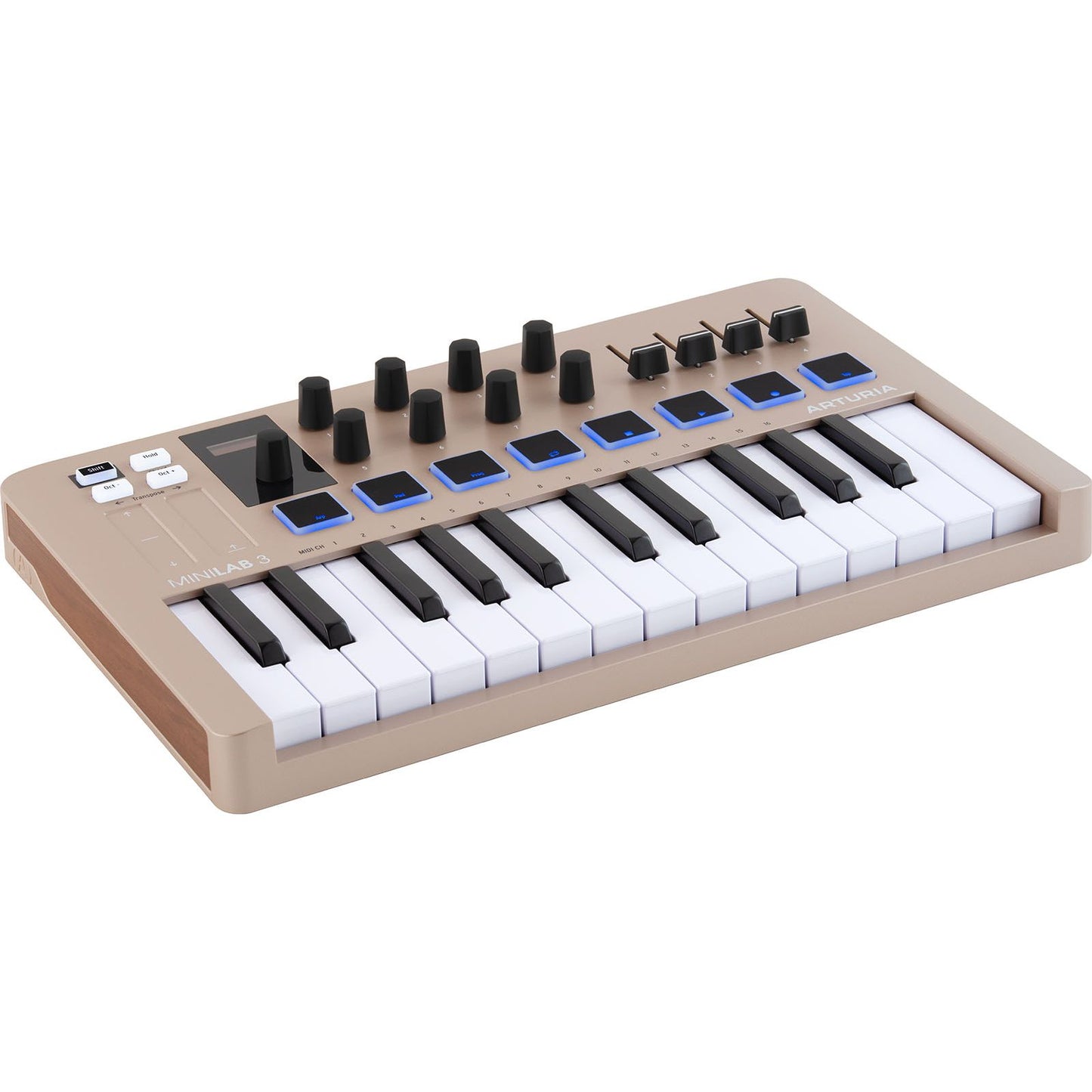 Arturia MiniLab 3 Champagne | 25-note USB-C MIDI Keyboard Controller with 8 Encoders | 8 Velocity/Pressure Sensitive RGB-backlit Pads | 4 Sliders | Software Included