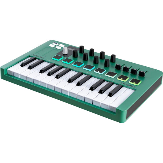 Arturia MiniLab 3 Green | 25-note USB-C MIDI Keyboard Controller with 8 Encoders | 8 Velocity/Pressure Sensitive RGB-backlit Pads | 4 Sliders | Software Included