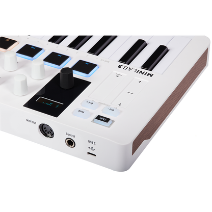 Arturia MiniLab 3 | 25-note USB-C MIDI Keyboard Controller with 8 Encoders | 8 Velocity/Pressure Sensitive RGB-backlit Pads | 4 Sliders | Software Included