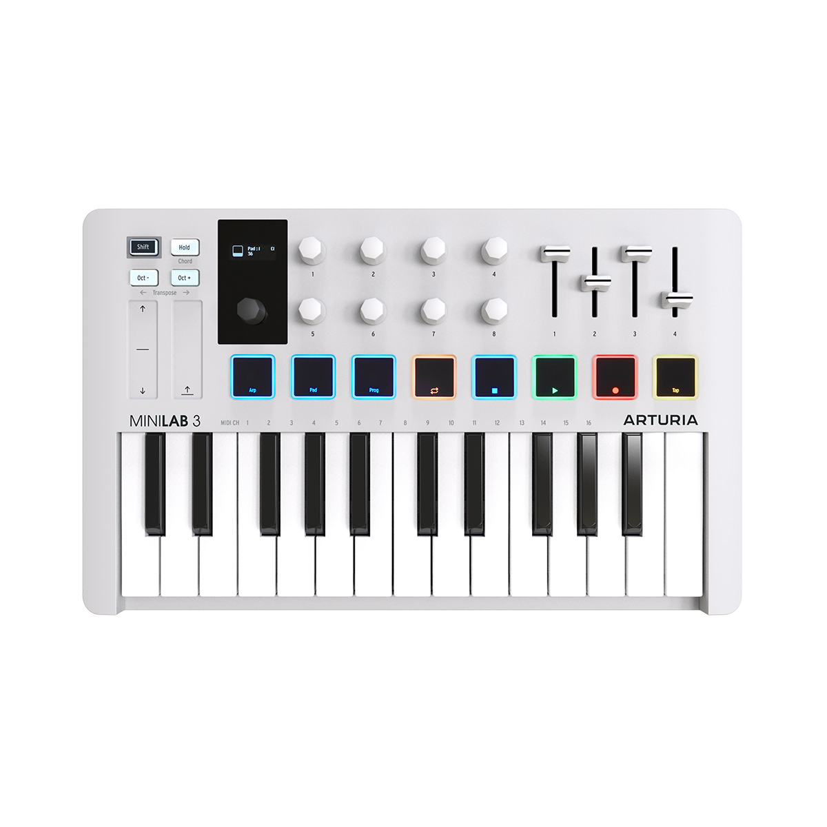 Arturia MiniLab 3 | 25-note USB-C MIDI Keyboard Controller with 8 Encoders | 8 Velocity/Pressure Sensitive RGB-backlit Pads | 4 Sliders | Software Included