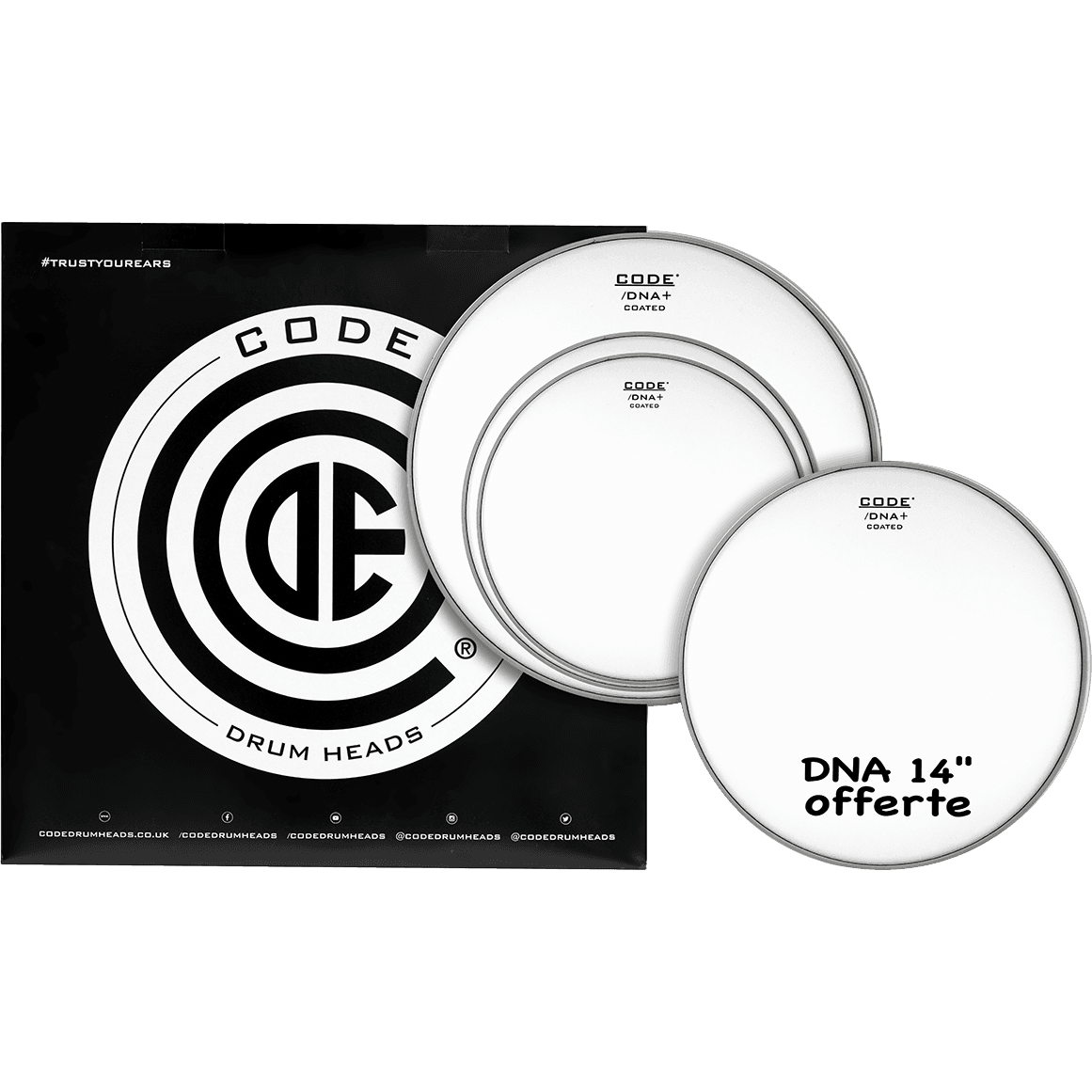 CODE DRUMHEADS DNA Coated Rock Pack Drum Heads  12", 13", 16" Coated Tom Heads, 14" Coated Snare Head