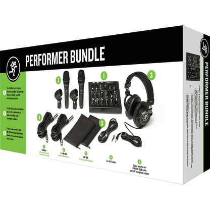 Mackie Performer Bundle with ProFX6v3 Mixer, 2 X EM-89D Dynamic Microphones, MC-100 Closed-back Headphones and Accessories | Includes Software