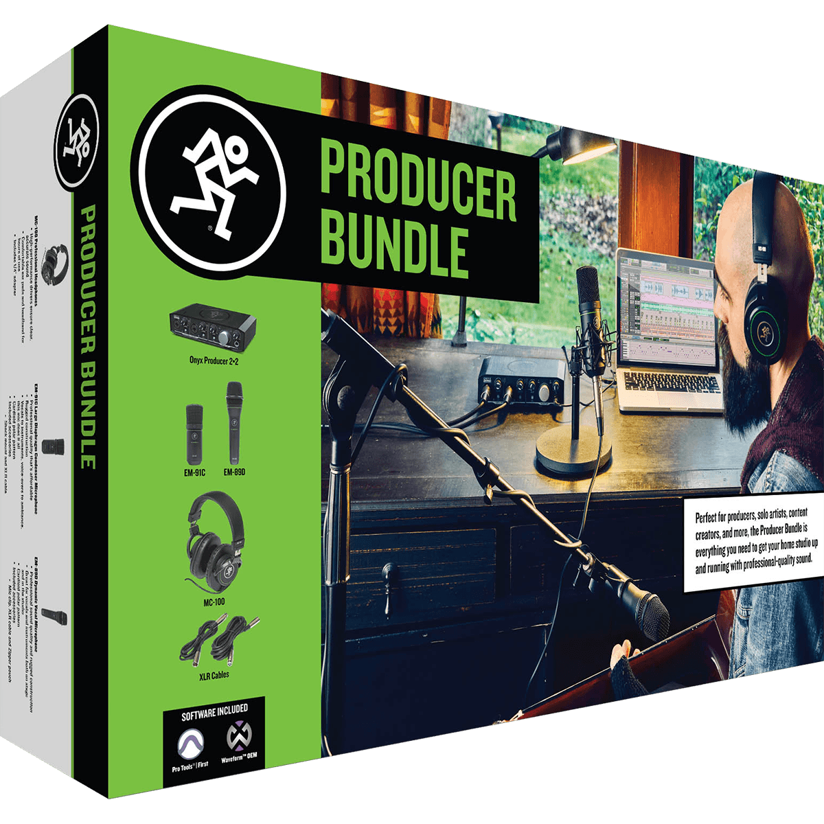 Mackie Producer Bundle including Onyx Producer 2.2 USB Interface, EM-91C Condenser Microphone, EM-89D Dynamic Microphone, MC-100 Headphones, and Essential Accessories