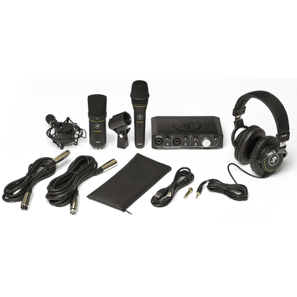 Mackie Producer Bundle including Onyx Producer 2.2 USB Interface, EM-91C Condenser Microphone, EM-89D Dynamic Microphone, MC-100 Headphones, and Essential Accessories