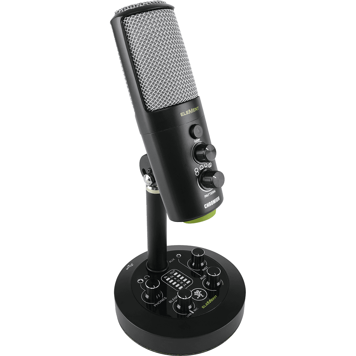 Mackie EM-CHROMIUM USB Condenser Microphone with 2-channel Mixer | 4 Selectable Polar Patterns | 1/4" Instrument Input | 1/8" Stereo Input | Headphone Output | 16-bit/48kHz Conversion