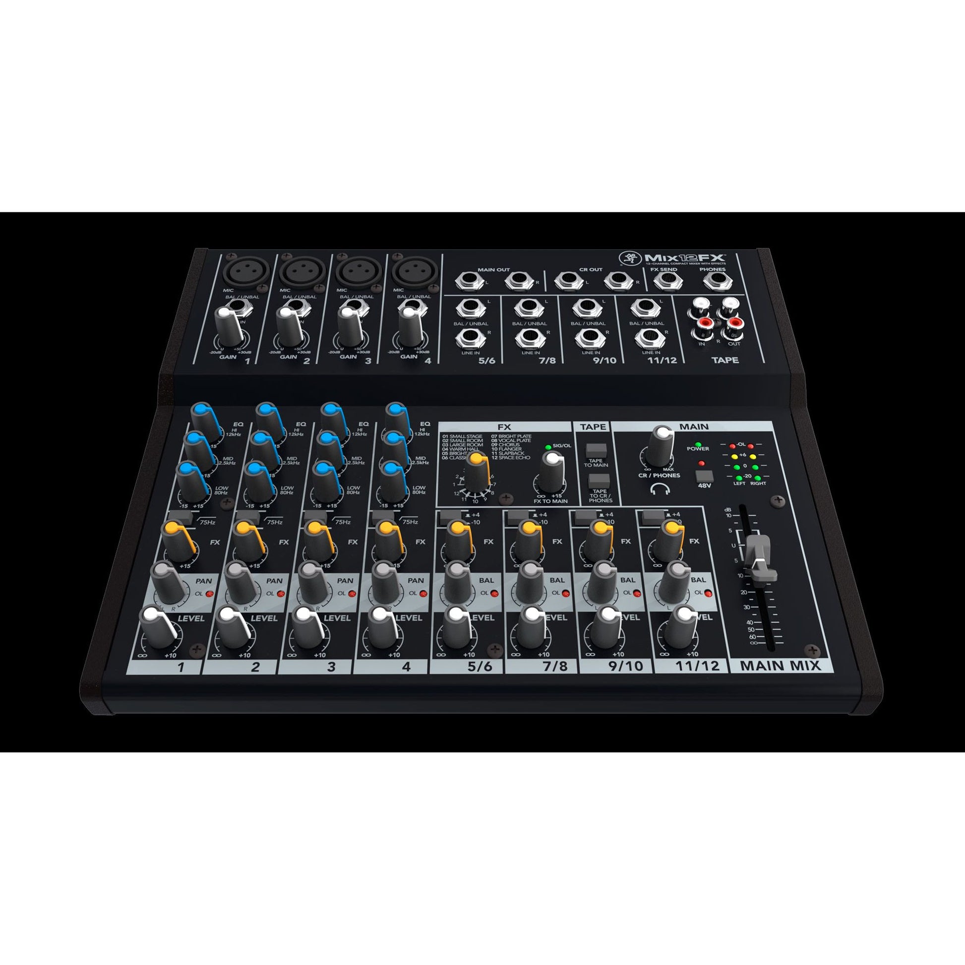 Mackie Mix12FX 12-channel Compact Mixer with Effects  | 12-input Desktop Mixer with 4 Microphone Preamplifiers | 4 Stereo Channels | 3-band Equalizers | 1 Aux | Tape I/O | Separate Volume and Headphone Levels | SMK MIX12FX